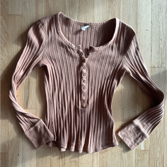 Spell Ribbed Long Sleeve Henley Top - Light Brown